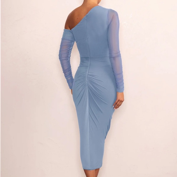 Club L London SWEET DREAMS POWDER BLUE MATERNITY ASYMMETRIC RUCHED DRESS Sz 4 - Picture 2 of 9
